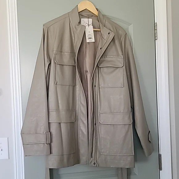 Faux leather belted Anorak jacket tan taupe Womens XXL - Picture 3 of 7